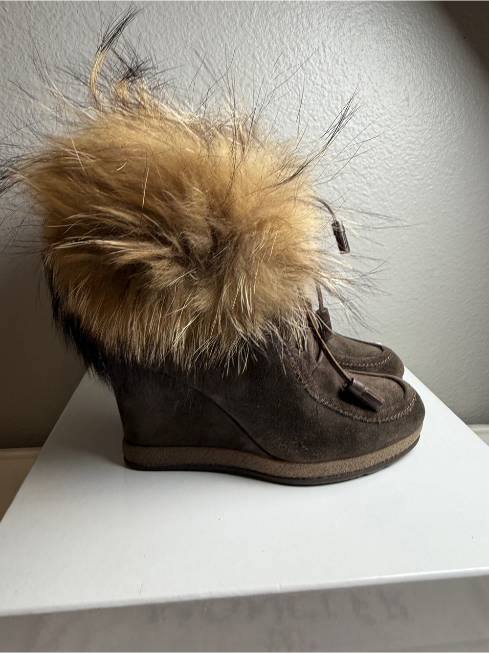 Moncler Charlotte Boots Size 7 Brown Suede Wedge in Box